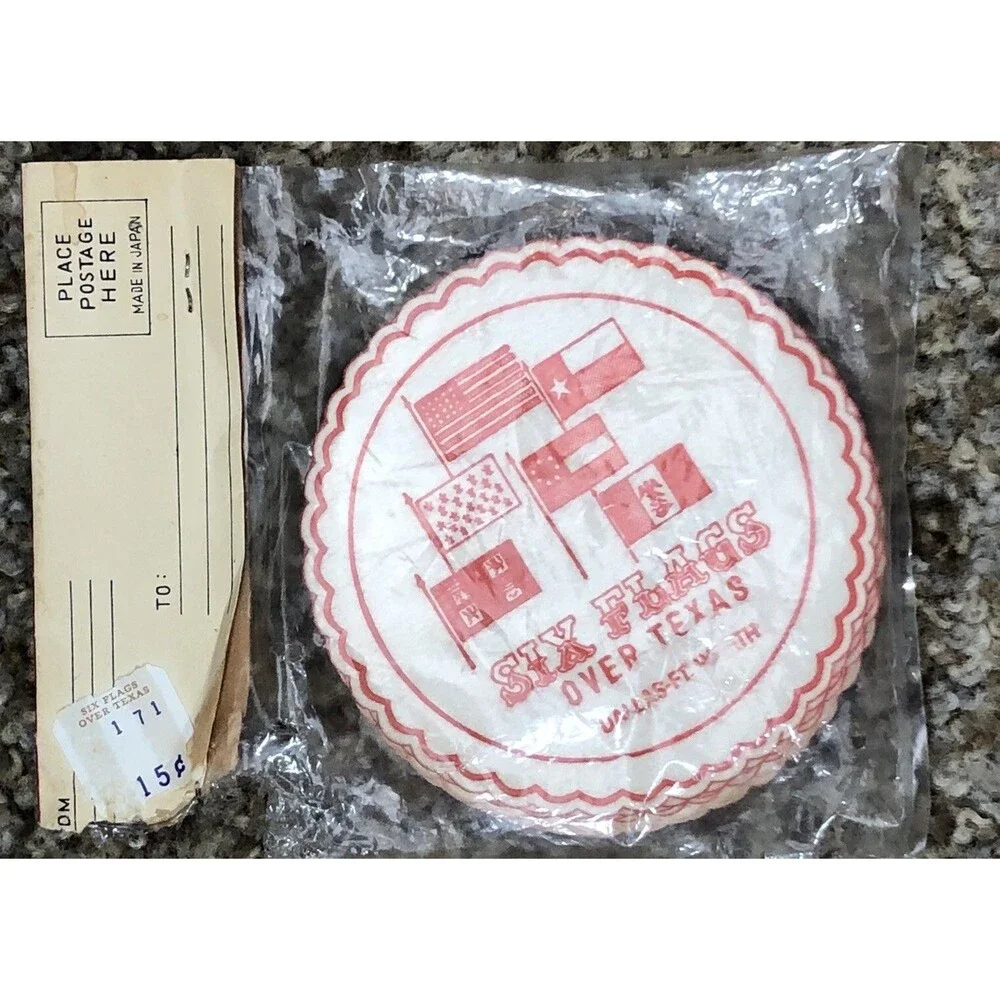VTG  Six Flags Over Texas Sign Paper Drink Coasters 1960s  MCM  NOS  Japan